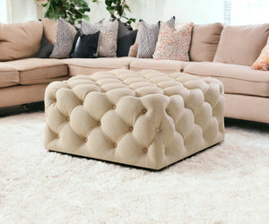Homeroots 33" Beige Linen Rolling Tufted Cocktail Ottoman Beige,Linen  490618