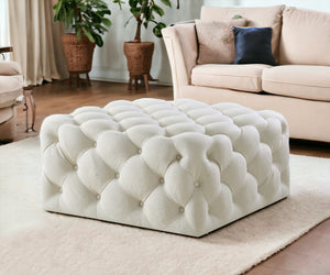 Homeroots 33" White Linen Rolling Tufted Cocktail Ottoman Cream White,Linen  490619