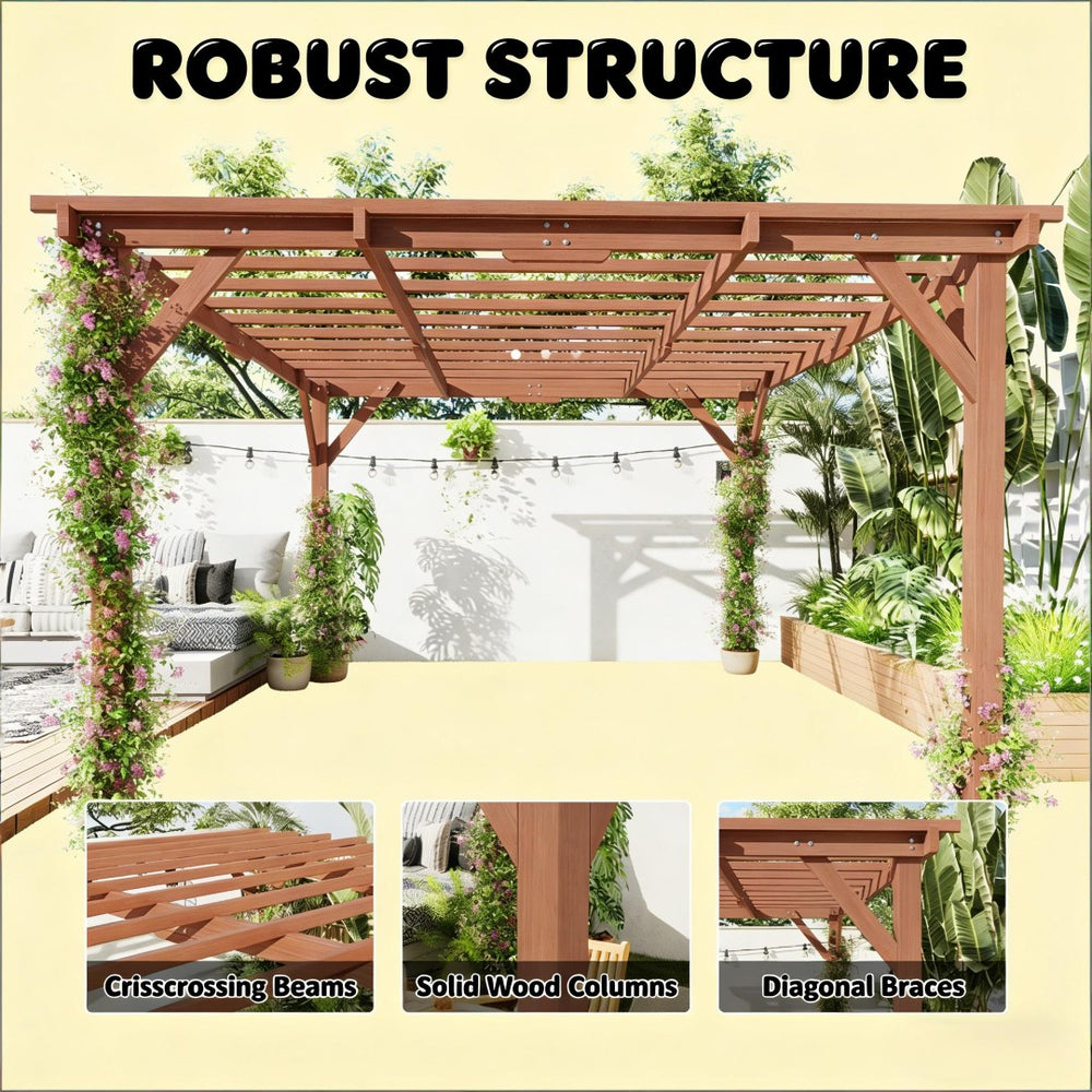 English Elm Garden Fir Wood Pergola with Open Lattice Roof for Backyard Patio Entertaining T3971S00175