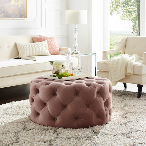Homeroots 33" Blush Velvet Rolling Tufted Round Cocktail Ottoman Blush,Velvet  490621