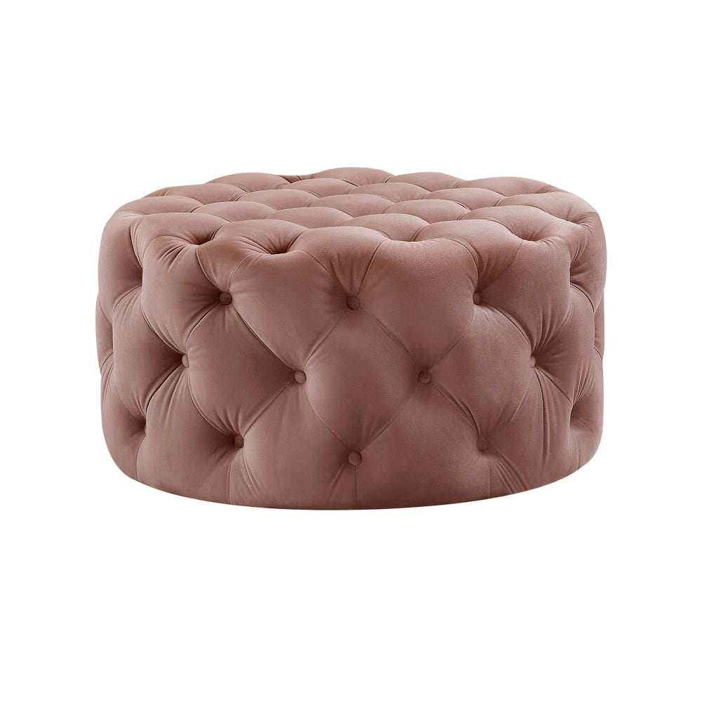 HomeRoots 33" Round Tufted Cocktail Ottoman with Wheels - Stylish Mid-Century Modern Seating for Any Space Blush Velvet 490621