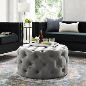 Homeroots 33" Gray Velvet Rolling Tufted Round Cocktail Ottoman Grey,Velvet  490622