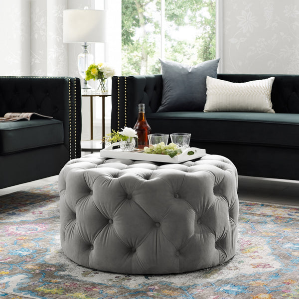 Homeroots 33" Gray Velvet Rolling Tufted Round Cocktail Ottoman Grey,Velvet  490622