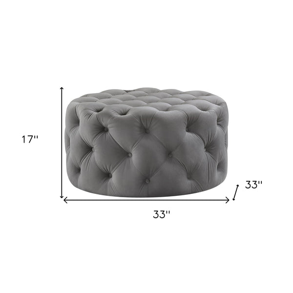 Homeroots 33" Gray Velvet Rolling Tufted Round Cocktail Ottoman Grey,Velvet  490622