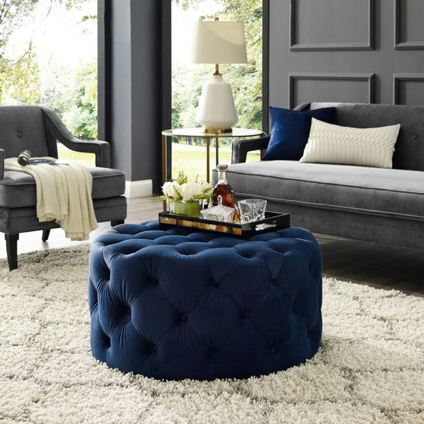 Homeroots 33" Navy Blue Velvet Rolling Tufted Round Cocktail Ottoman Navy,Velvet  490623