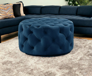 Homeroots 33" Navy Blue Velvet Rolling Tufted Round Cocktail Ottoman Navy,Velvet  490623