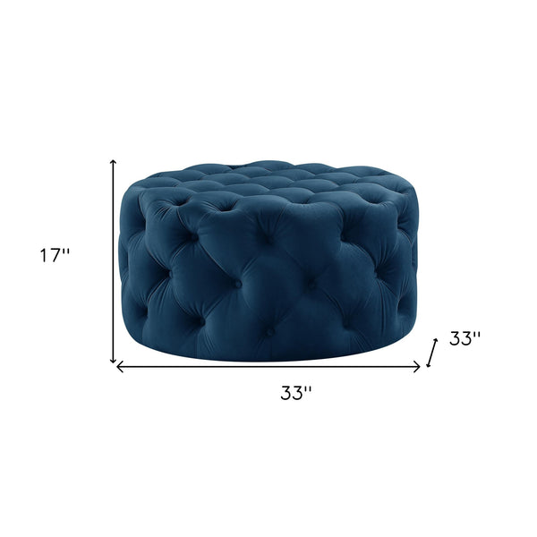 Homeroots 33" Navy Blue Velvet Rolling Tufted Round Cocktail Ottoman Navy,Velvet  490623