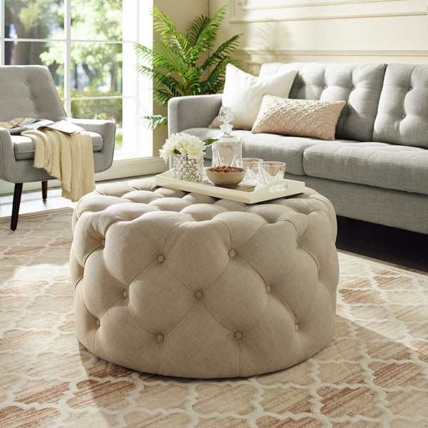 Homeroots 33" Beige Linen  Rolling Tufted Round Cocktail Ottoman Beige,Linen  490624