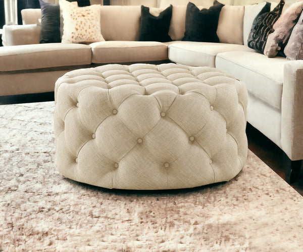 Homeroots 33" Beige Linen  Rolling Tufted Round Cocktail Ottoman Beige,Linen  490624
