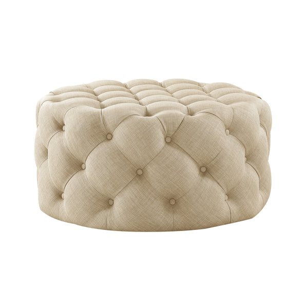 Homeroots 33" Beige Linen  Rolling Tufted Round Cocktail Ottoman Beige,Linen  490624