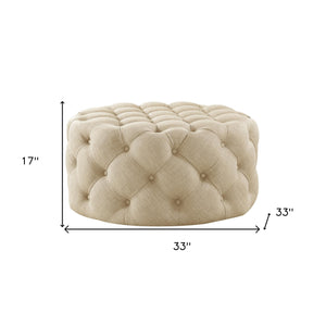 Homeroots 33" Beige Linen  Rolling Tufted Round Cocktail Ottoman Beige,Linen  490624
