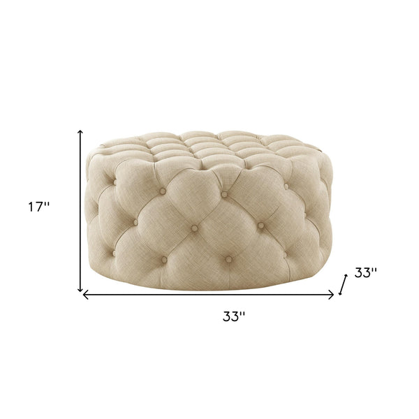 Homeroots 33" Beige Linen  Rolling Tufted Round Cocktail Ottoman Beige,Linen  490624