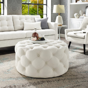 Homeroots 33" White Linen Rolling Tufted Round Cocktail Ottoman Cream White,Linen  490625