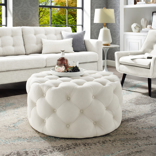 Homeroots 33" White Linen Rolling Tufted Round Cocktail Ottoman Cream White,Linen  490625