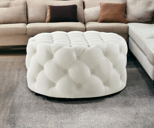 Homeroots 33" White Linen Rolling Tufted Round Cocktail Ottoman Cream White,Linen  490625