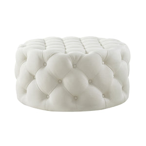 Homeroots 33" White Linen Rolling Tufted Round Cocktail Ottoman Cream White,Linen  490625