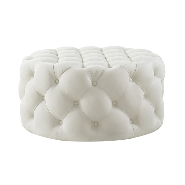 Homeroots 33" White Linen Rolling Tufted Round Cocktail Ottoman Cream White,Linen  490625
