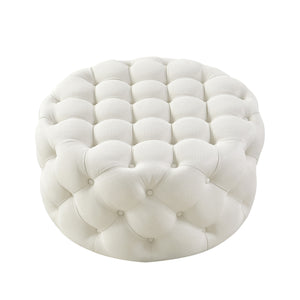 Homeroots 33" White Linen Rolling Tufted Round Cocktail Ottoman Cream White,Linen  490625