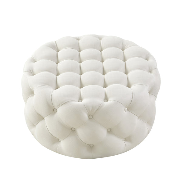Homeroots 33" White Linen Rolling Tufted Round Cocktail Ottoman Cream White,Linen  490625