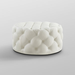 Homeroots 33" White Linen Rolling Tufted Round Cocktail Ottoman Cream White,Linen  490625