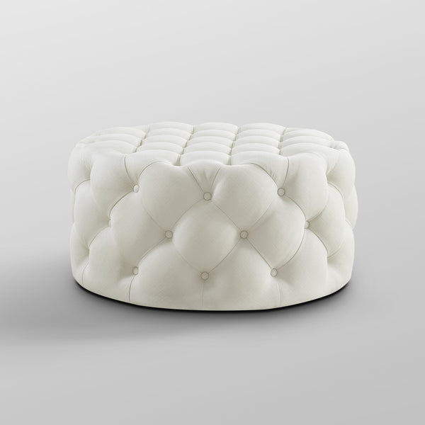 Homeroots 33" White Linen Rolling Tufted Round Cocktail Ottoman Cream White,Linen  490625