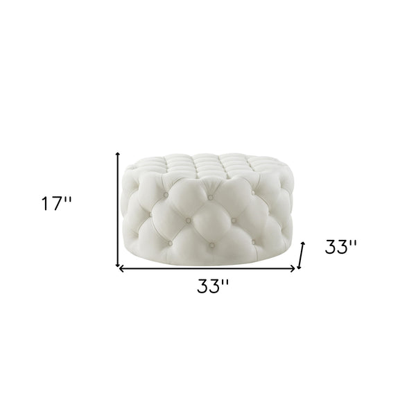 Homeroots 33" White Linen Rolling Tufted Round Cocktail Ottoman Cream White,Linen  490625