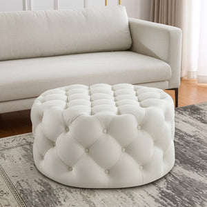 HomeRoots 33" Round Tufted Cocktail Ottoman with Wheels - Stylish Mid-Century Modern Seating for Any Space Cream White Linen 490625
