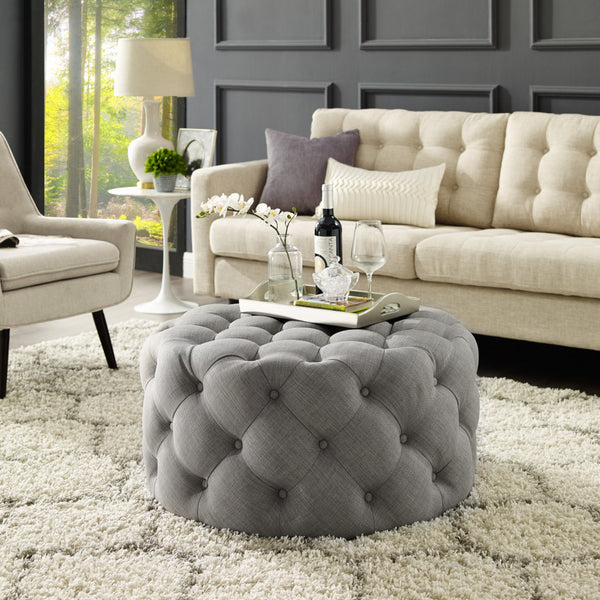Homeroots 33" Light Gray Linen Rolling Tufted Round Cocktail Ottoman Light Grey,Linen  490626