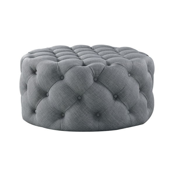 Homeroots 33" Light Gray Linen Rolling Tufted Round Cocktail Ottoman Light Grey,Linen  490626