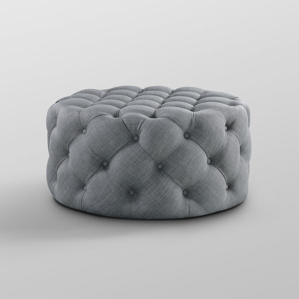 Homeroots 33" Light Gray Linen Rolling Tufted Round Cocktail Ottoman Light Grey,Linen  490626