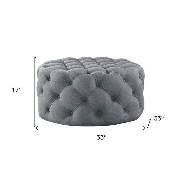 Homeroots 33" Light Gray Linen Rolling Tufted Round Cocktail Ottoman Light Grey,Linen  490626