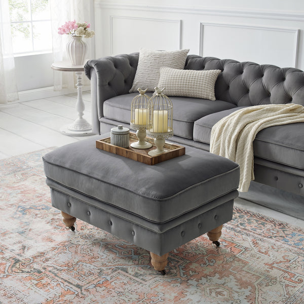 Homeroots 25" Gray Velvet And Natural Rolling Tufted Cocktail Ottoman Dark Grey,Velvet  490630