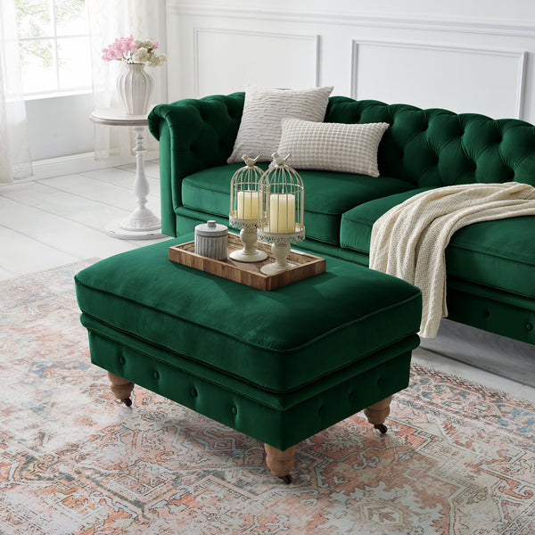 Homeroots 25" Hunter Green Velvet And Natural Rolling Tufted Cocktail Ottoman Hunter Green,Velvet  490634