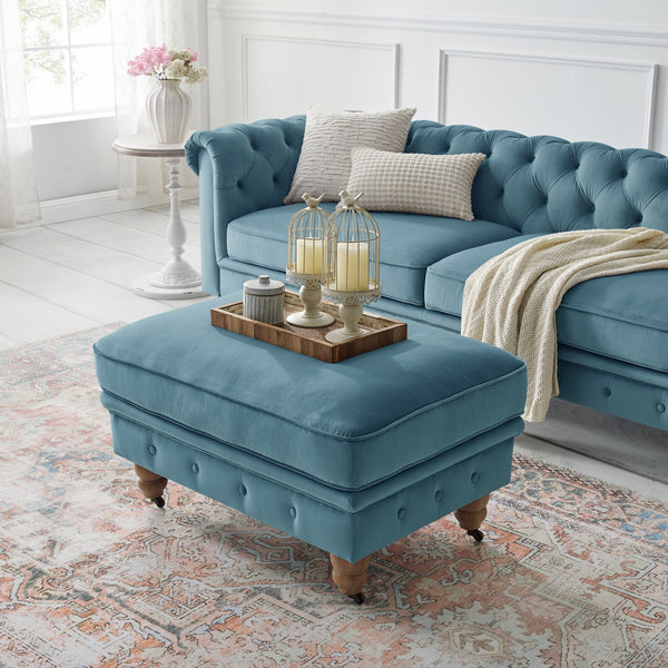 Homeroots 25" Teal Blue Velvet And Natural Rolling Tufted Cocktail Ottoman Teal,Velvet  490636