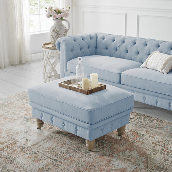 Homeroots 25" Light Blue Linen And Natural Rolling Tufted Cocktail Ottoman Light Blue,Linen  490644
