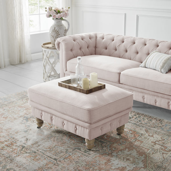 Homeroots 25" Pink Linen And Natural Rolling Tufted Cocktail Ottoman Pink,Linen  490648