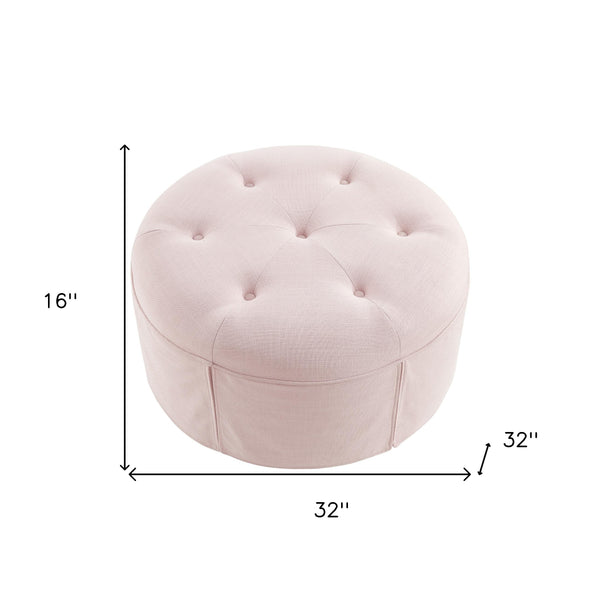 Homeroots 32" Light Pink Linen Tufted Round Cocktail Ottoman Light Pink  490657