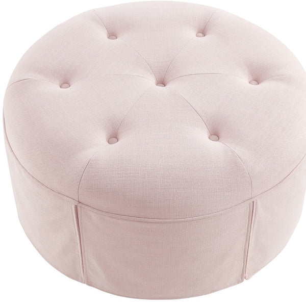 Homeroots 32" Light Pink Linen Tufted Round Cocktail Ottoman Light Pink  490657