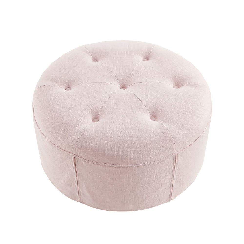 Homeroots 32" Light Pink Linen Tufted Round Cocktail Ottoman Light Pink  490657