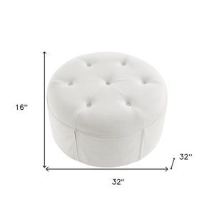 Homeroots 32" White Linen Tufted Round Cocktail Ottoman Pure White  490658