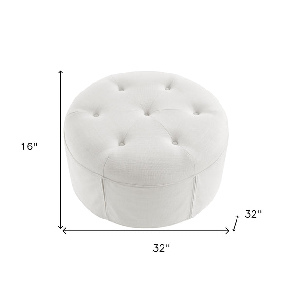 Homeroots 32" White Linen Tufted Round Cocktail Ottoman Pure White  490658