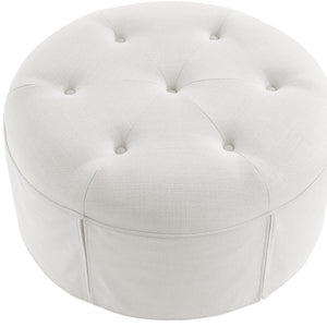 Homeroots 32" White Linen Tufted Round Cocktail Ottoman Pure White  490658