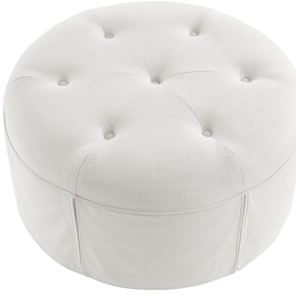 Homeroots 32" White Linen Tufted Round Cocktail Ottoman Pure White  490658