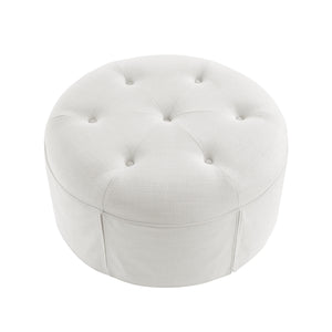 Homeroots 32" White Linen Tufted Round Cocktail Ottoman Pure White  490658