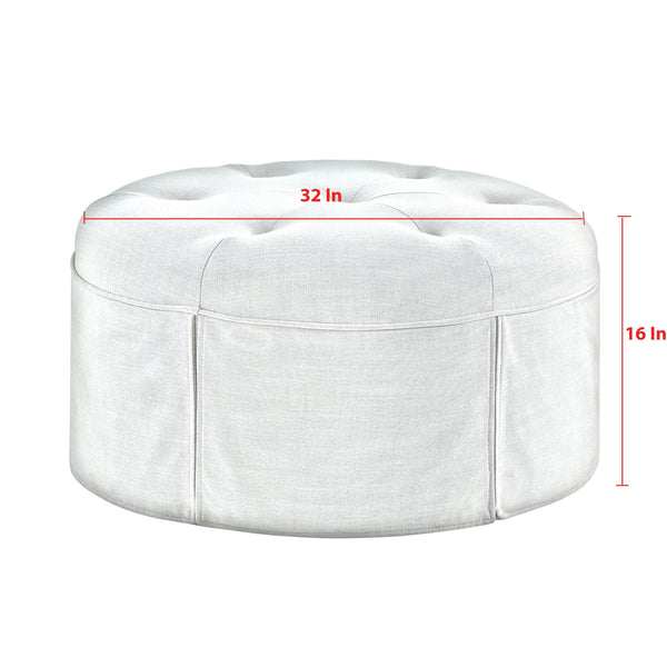 Homeroots 32" White Linen Tufted Round Cocktail Ottoman Pure White  490658