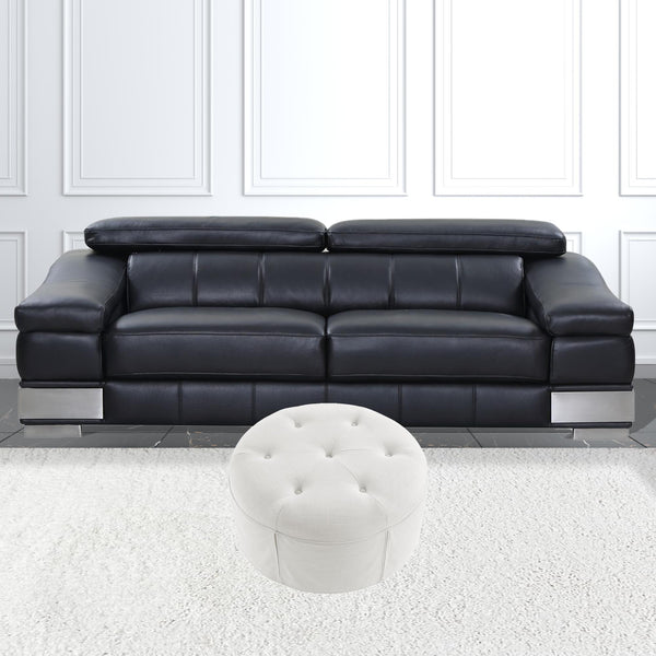 Homeroots 32" White Linen Tufted Round Cocktail Ottoman Pure White  490658