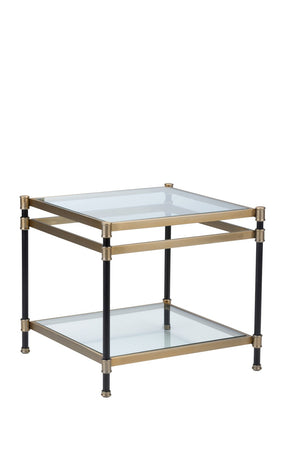 Wildwood Reynolds Two-Tier Accent Table With Glass Shelves, Matte Black Frame & Brushed Gold Accents, Compact Elegance 490660