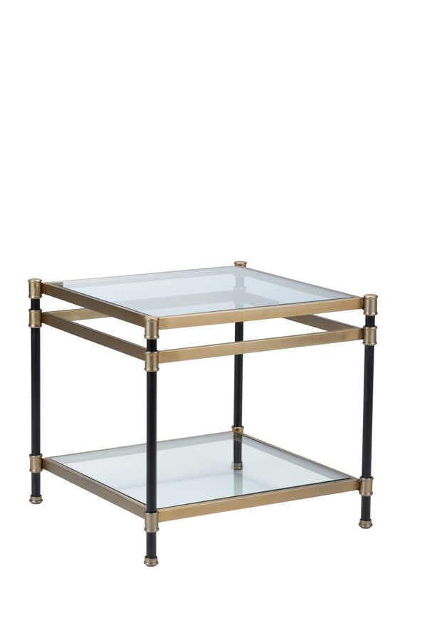 Wildwood Reynolds Two-Tier Accent Table With Glass Shelves, Matte Black Frame & Brushed Gold Accents, Compact Elegance 490660