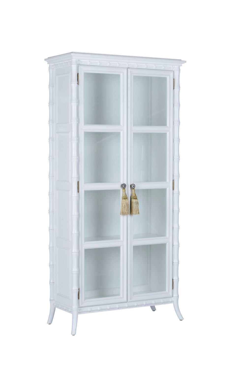 Wildwood Nights Coastal White Linen Cabinet With Bamboo-Style Facade, Glass Doors, Brass Tassel Pulls, 75.5" 490661