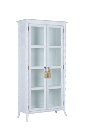 Wildwood Nights Coastal White Linen Cabinet With Bamboo-Style Facade, Glass Doors, Brass Tassel Pulls, 75.5" 490661